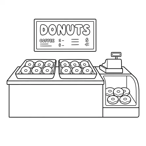 Donut Coloring Page — Counter With Trays of Donuts