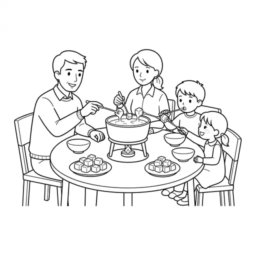 Fondue Coloring Page — Family Enjoying Cheese Fondue Together