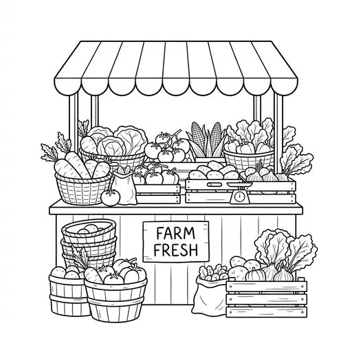 Vegetable Coloring Page for Adults — Stall Piled With Fresh Vegetables