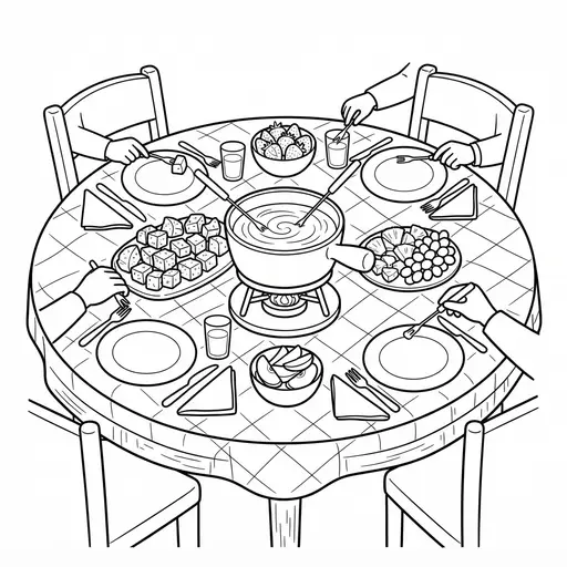 Fondue Coloring Page for Adults — Party Table with Pots and Food