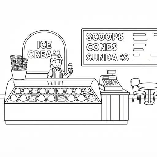 Ice Cream Coloring Page — Friendly Worker Behind Counter
