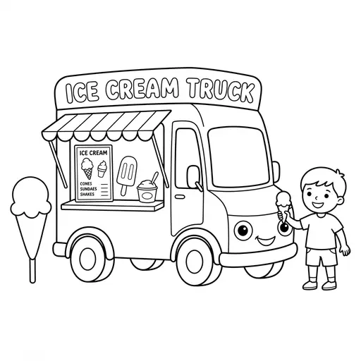 Ice Cream Coloring Page — With Menu Board And Smiling Child