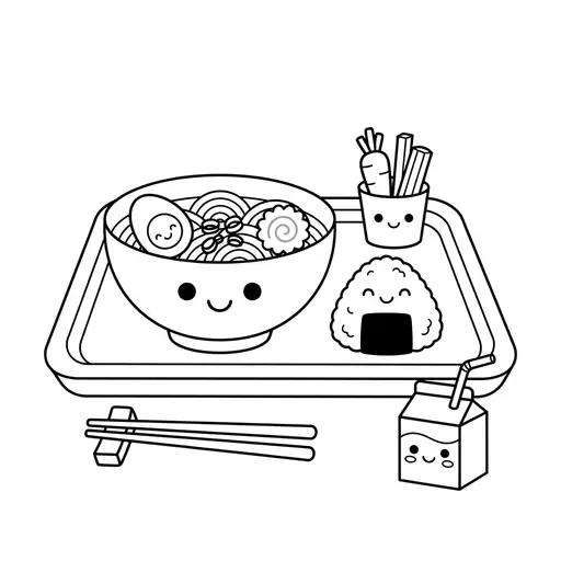 Kawaii Food Coloring Page — Kawaii Food on a Lunch Tray