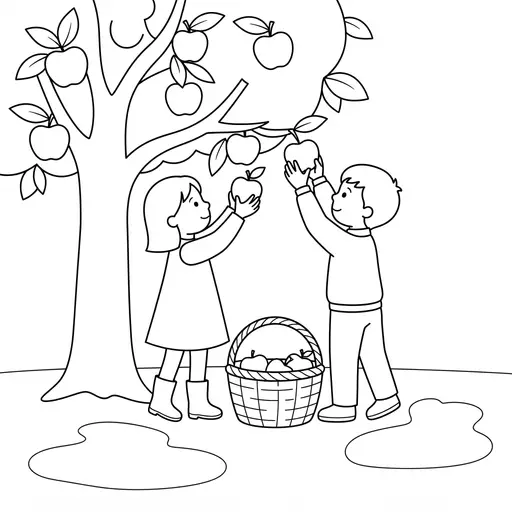 Apple Coloring Page — Picking Apples Into a Basket