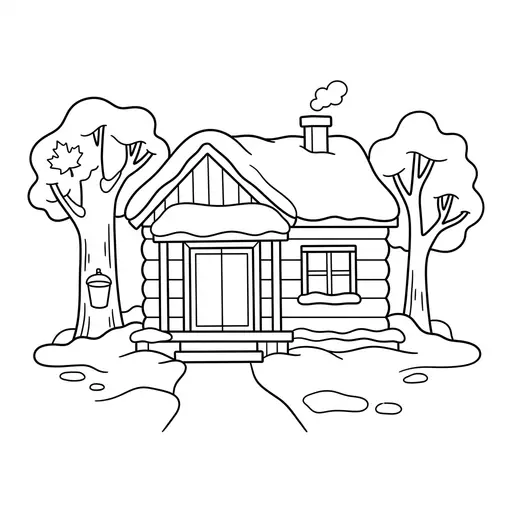 Maple Syrup Coloring Page — Snowy Cabin With Sap Bucket