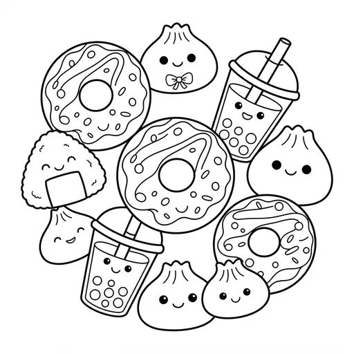 Kawaii Food Coloring Page for Adults — Smiling Donuts and Dumplings