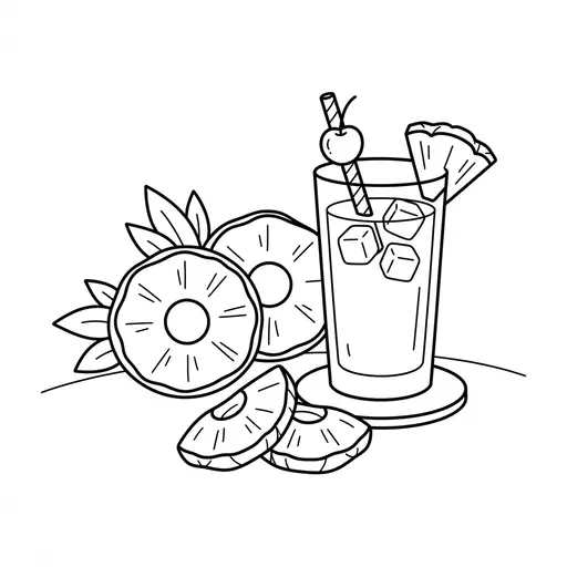 Pineapple Coloring Page — Drink and Slices on a Table