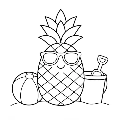 Pineapple Coloring Page — Wearing Sunglasses on the Beach