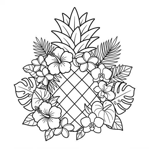 Pineapple Coloring Page for Adults — Surrounded by Tropical Flowers