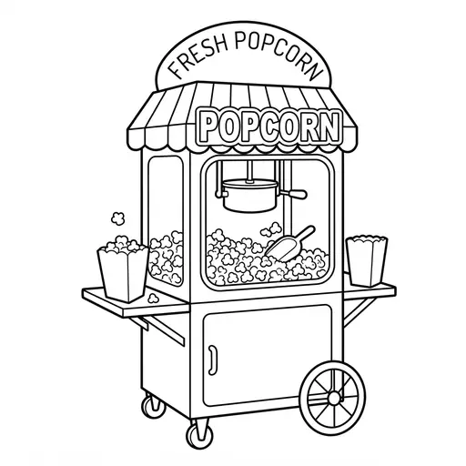 Popcorn Coloring Page — Vintage Cart with Popcorn Boxes