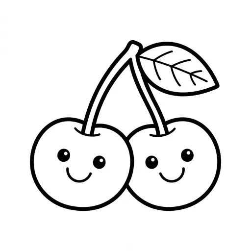 Easy Cherry Coloring Page — Smiling Pair with a Leaf