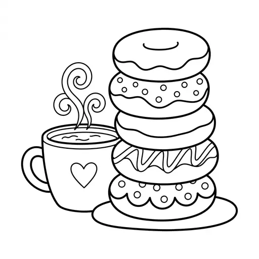 Donut Coloring Page — Stack of Donuts with a Cup of Cocoa