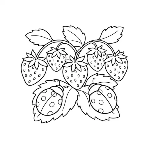 Strawberry Coloring Page — Vine with Leaves and Ladybugs