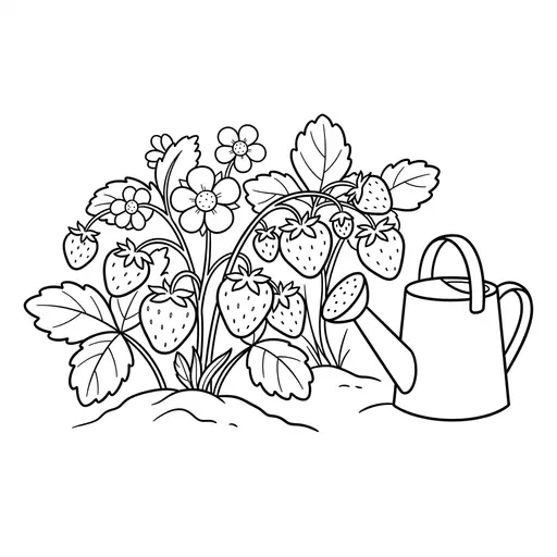 Strawberry Coloring Page — Patch With Flowers and Watering Can