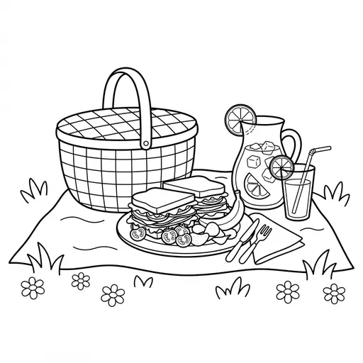 Food Coloring Page — Basket and Sandwiches on a Blanket