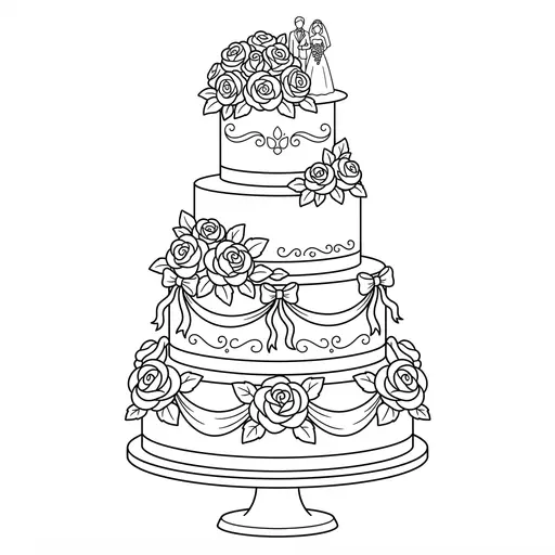 Cake Coloring Page for Adults — Five Tiers With Roses and Topper