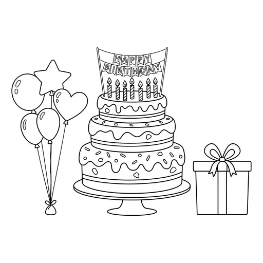 Cake Coloring Page — Three Tiers With Balloons and Gift