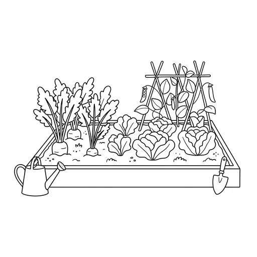 Vegetable Coloring Page — Raised Bed with Carrots and Lettuce
