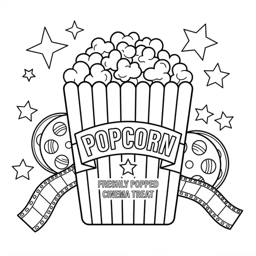 Popcorn Coloring Page for Adults — Vintage Cinema Box with Stars and Film Reels