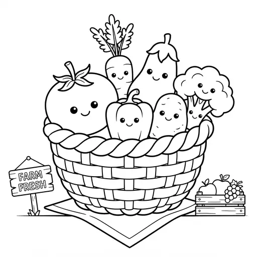 Vegetable Coloring Page — Cute Kawaii Vegetables with Farm Fresh Sign