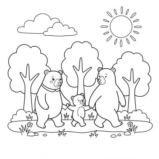 Family Coloring Page — Family Walking Through the Woods