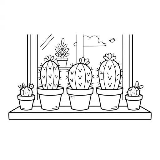 Cactus Coloring Page — In Pots on a Windowsill