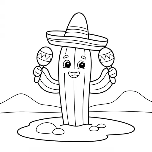 Cactus Coloring Page — Wearing a Sombrero and Maracas