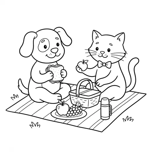 Cartoon Coloring Page — Having a Picnic on a Blanket