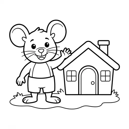 Cartoon Coloring Page — Waving by a Little House
