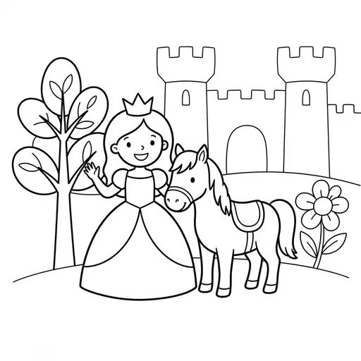 Cartoon Coloring Page — Waving in Front of a Castle