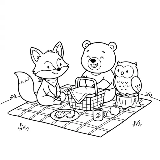 Cute Animal Coloring Page — Fox Bear and Owl Having a Picnic