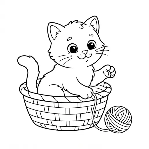 Cute Animal Coloring Page — Playing With Yarn in a Basket