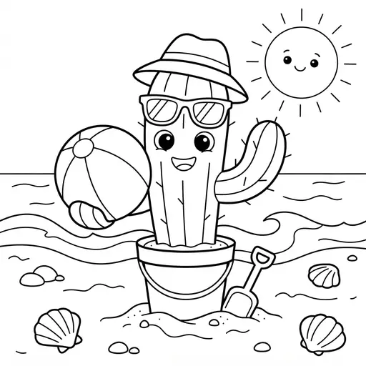Cactus Coloring Page — Wearing Sunglasses at the Beach