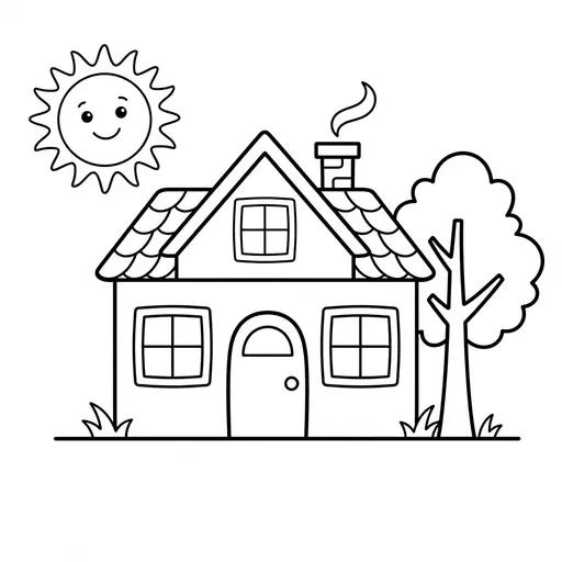 Easy Coloring Page — With Tree And Smiling Sun
