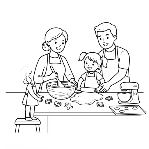 Family Coloring Page — Family Baking Cookies Together in a Kitchen