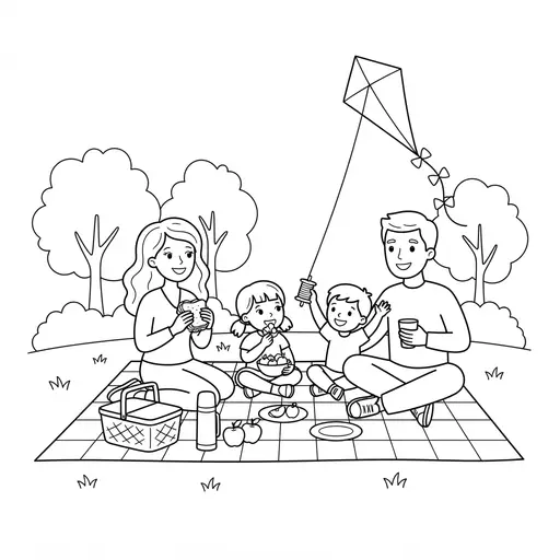Family Coloring Page — Family Having a Picnic in the Park with a Kite