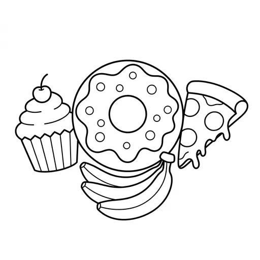 Doodle Coloring Page — Cupcake, Donut, Pizza, and Bananas