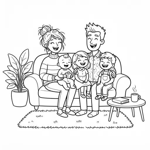 Family Coloring Page — Sitting Together on a Living Room Couch