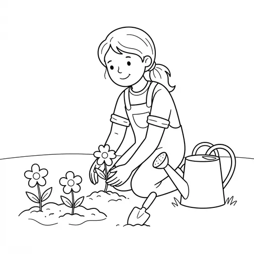 Girl Coloring Page — Planting Flowers With a Watering Can