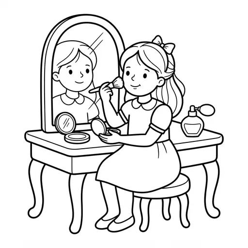 Makeup Coloring Page — Girl Sitting at Vanity Mirror