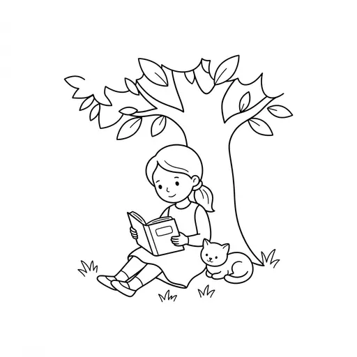 Girl Coloring Page — Under a Tree with a Kitten