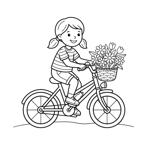 Girl Coloring Page — Riding with a Basket of Flowers