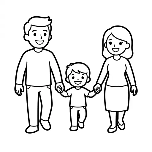 Easy Family Coloring Page — Walking Together Holding Hands