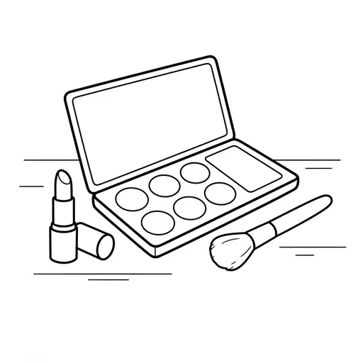 Makeup Coloring Page — Palette and Brushes on Table