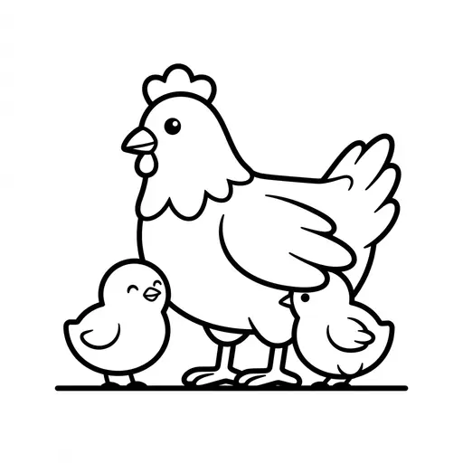 Easy Family Coloring Page — Mother Hen with Two Chicks