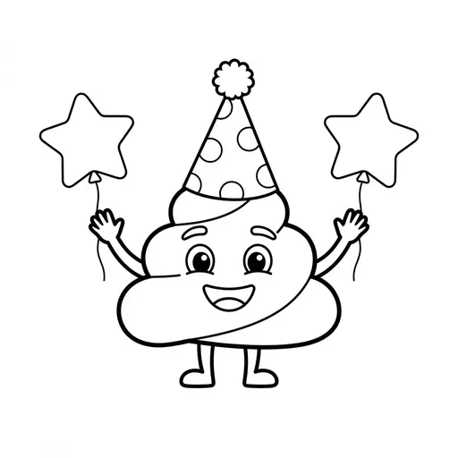 Poop Coloring Page — Wearing Party Hat With Balloons