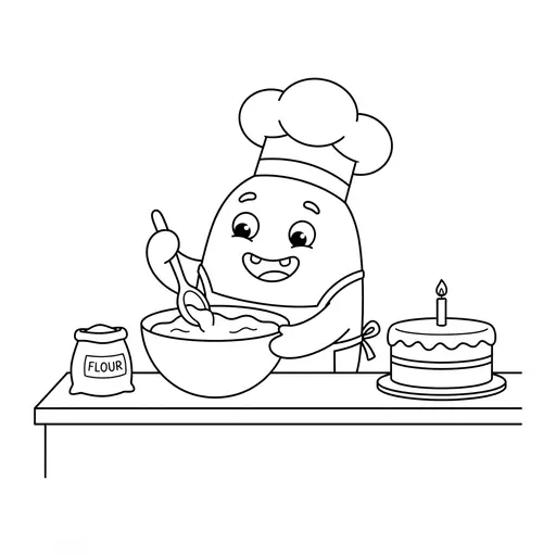 Silly Yellow Creature Coloring Page — Baking a Cake in the Kitchen