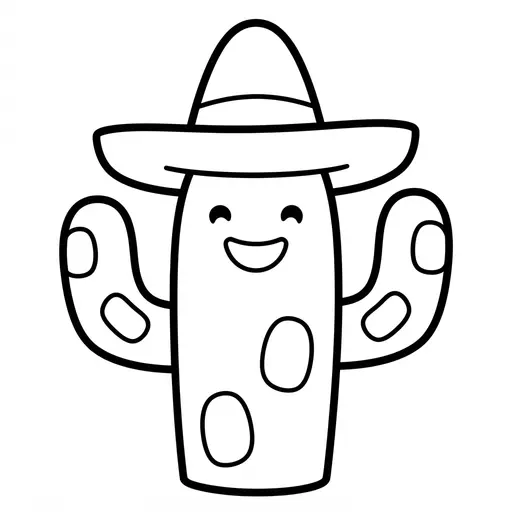 Easy Cactus Coloring Page — Wearing a Sombrero and Smiling