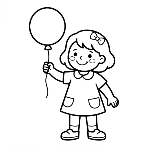 Easy Girl Coloring Page — Holding a Round Balloon