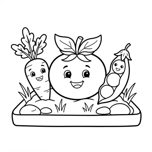 Vegetable Coloring Page — Smiling Carrot Tomato and Pea Pod